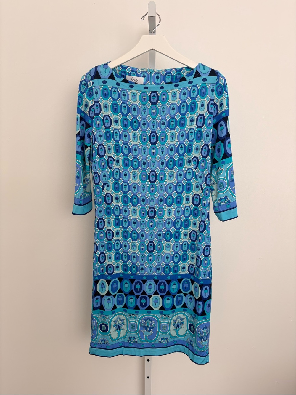 Blue Geometric Midi Dress with Three-Quarter Sleeves